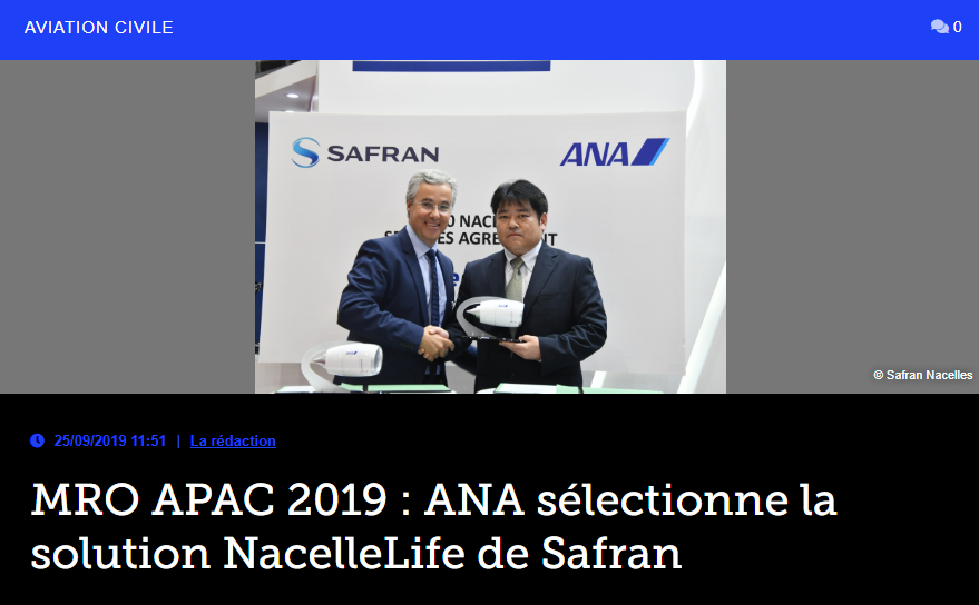 MRO APAC 2019 : ANA sélectionne la solution NacelleLife de Safran