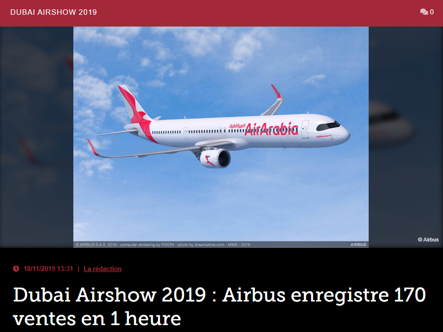 Dubai Airshow 2019 : Airbus enregistre 170 ventes en 1 heure