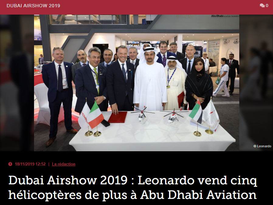 Dubai Airshow 2019 : Leonardo vend cinq hélicoptères de plus à Abu Dhabi Aviation