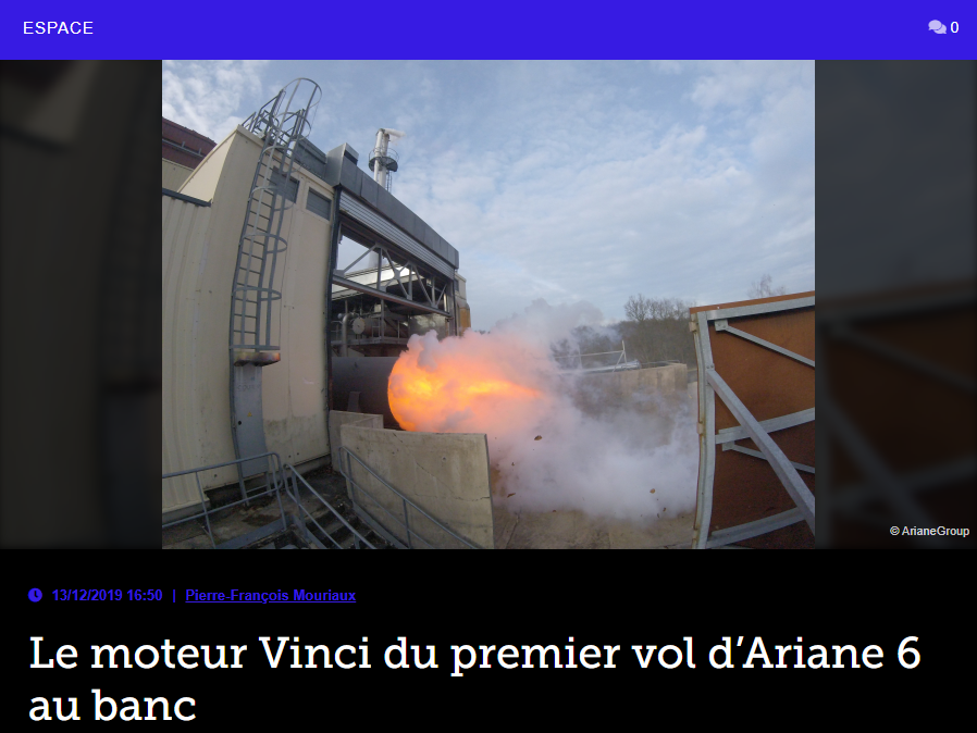 Le moteur Vinci du premier vol d’Ariane 6 au banc