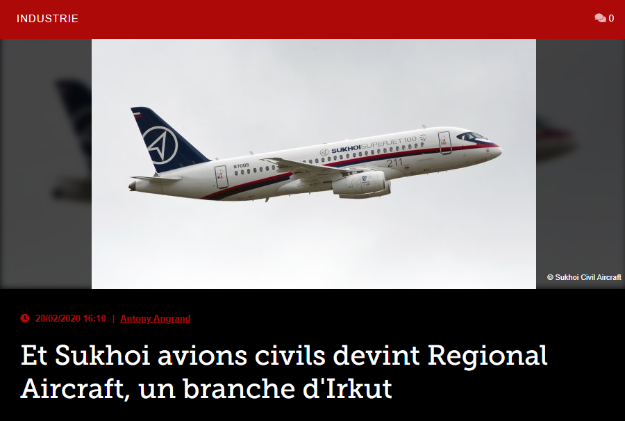 Et Sukhoi avions civils devint Regional Aircraft, un branche d’Irkut
