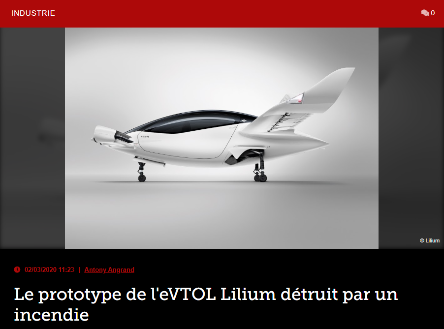 Le prototype de l’eVTOL Lilium détruit par un incendie