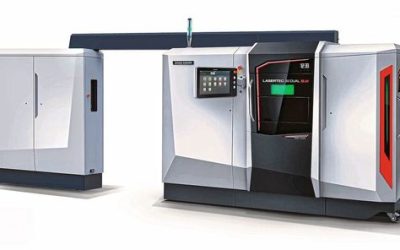 Dual-laser, powder bed, additive manufacturing machine