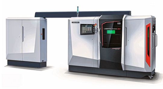 Dual-laser, powder bed, additive manufacturing machine