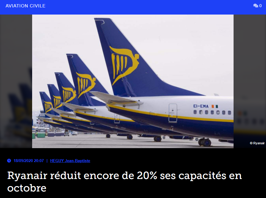 Ryanair réduit encore de 20% ses capacités en octobre