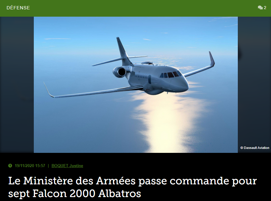 Le Ministère des Armées passe commande pour sept Falcon 2000 Albatros