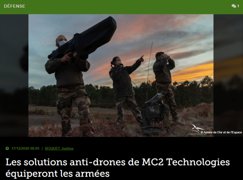 Les solutions anti-drones de MC2 Technologies équiperont les armées