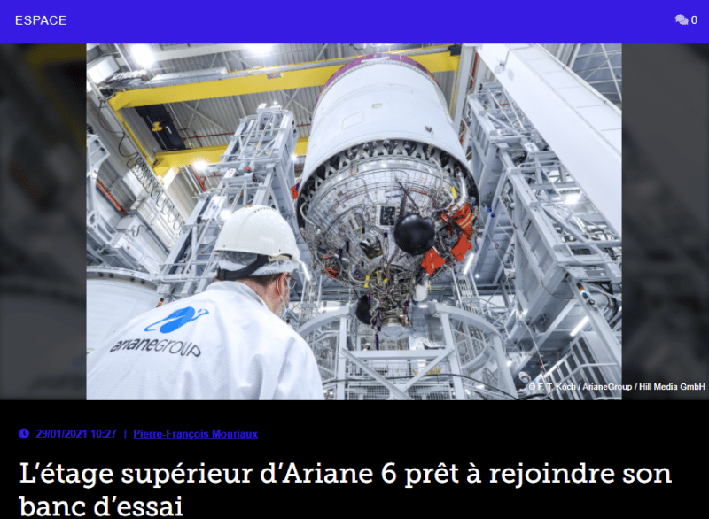 L’étage supérieur d’Ariane 6 prêt à rejoindre son banc d’essai