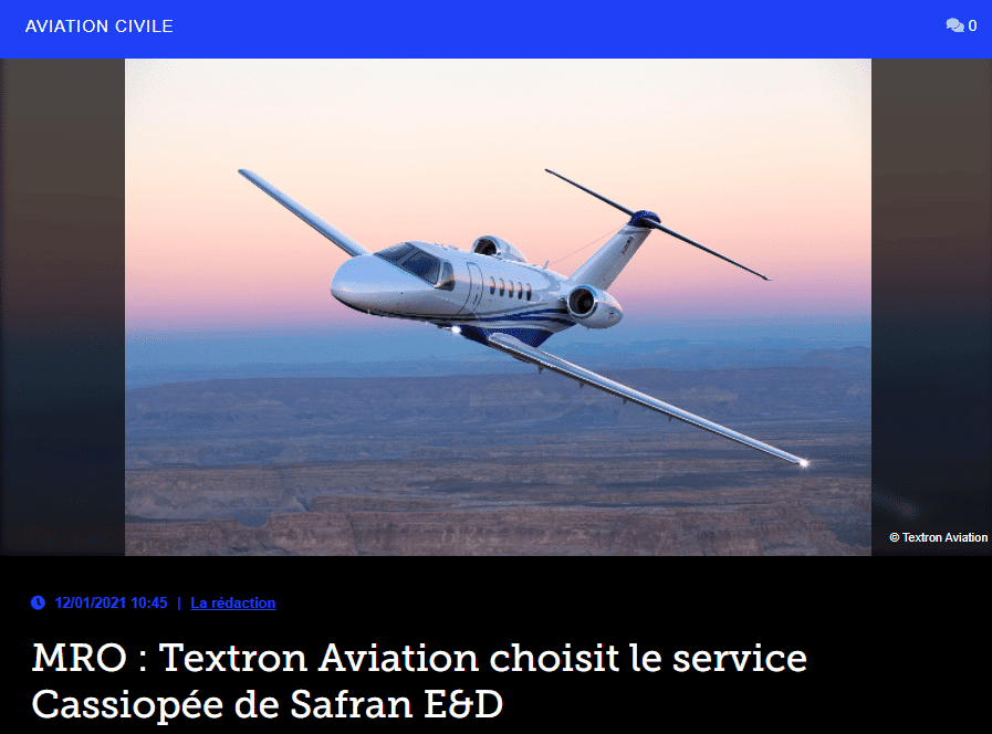MRO : Textron Aviation choisit le service Cassiopée de Safran E&D