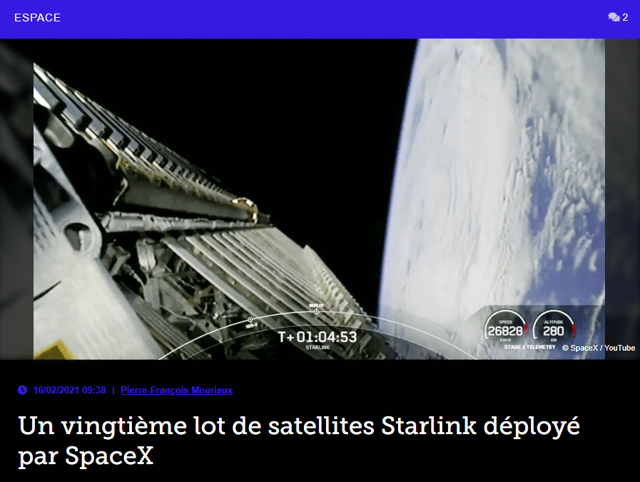 Un vingtième lot de satellites Starlink déployé par SpaceX
