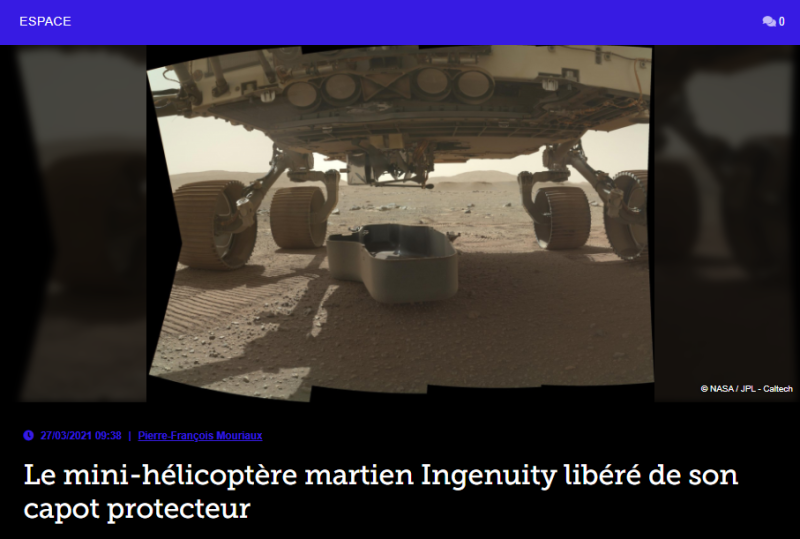 Le mini-hélicoptère martien Ingenuity libéré de son capot protecteur