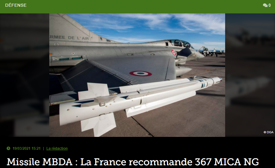 Missile MBDA : La France recommande 367 MICA NG