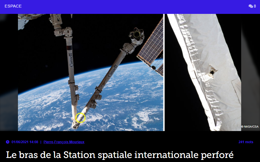 Le bras de la Station spatiale internationale perforé