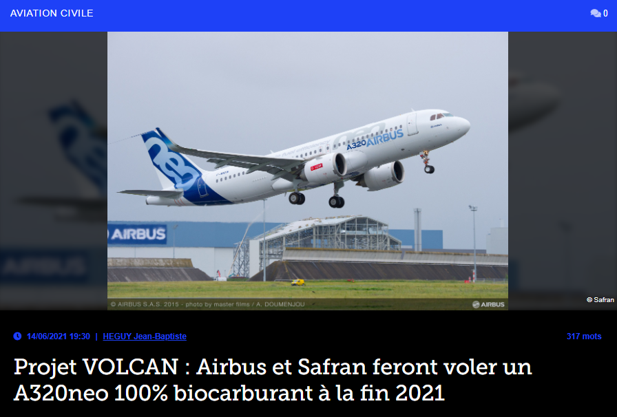 Projet VOLCAN : Airbus et Safran feront voler un A320neo 100% biocarburant à la fin 2021