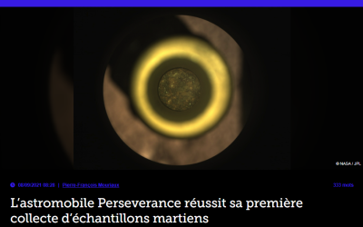 L&rsquo;astromobile persévérance réussit sa première collecte d&rsquo;échantillons martiens