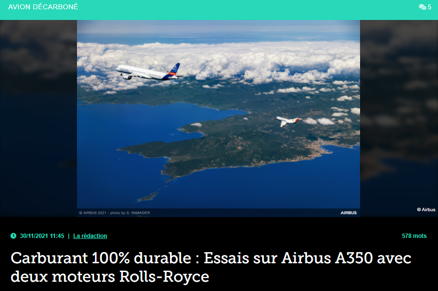Carburant 100% durable : Essais sur Airbus A350 avec deux moteurs Rolls-Royce