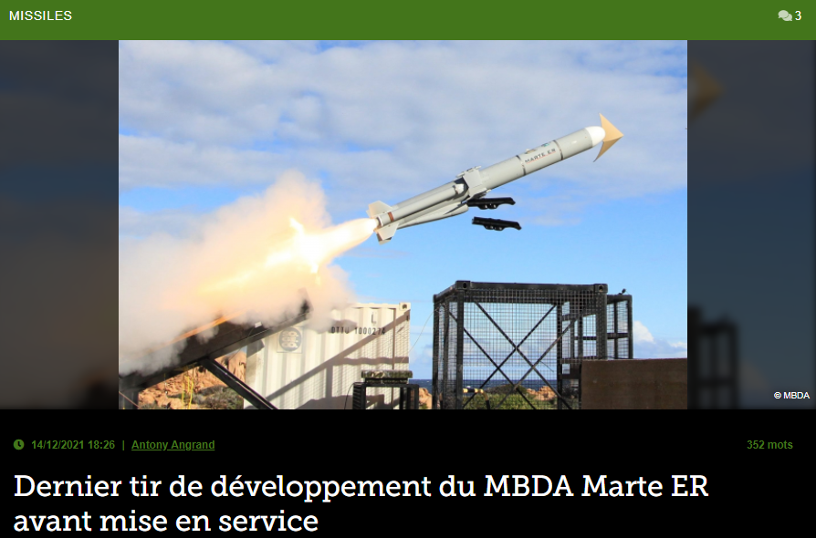 Dernier tir de développement du MBDA Marte ER avant mise en service