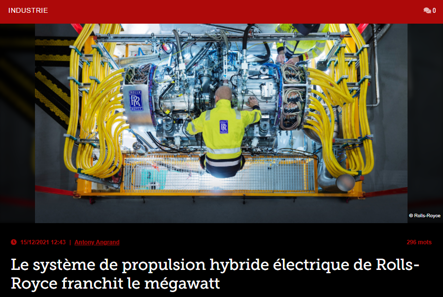 Le système de propulsion hybride électrique de Rolls-Royce franchit le mégawatt