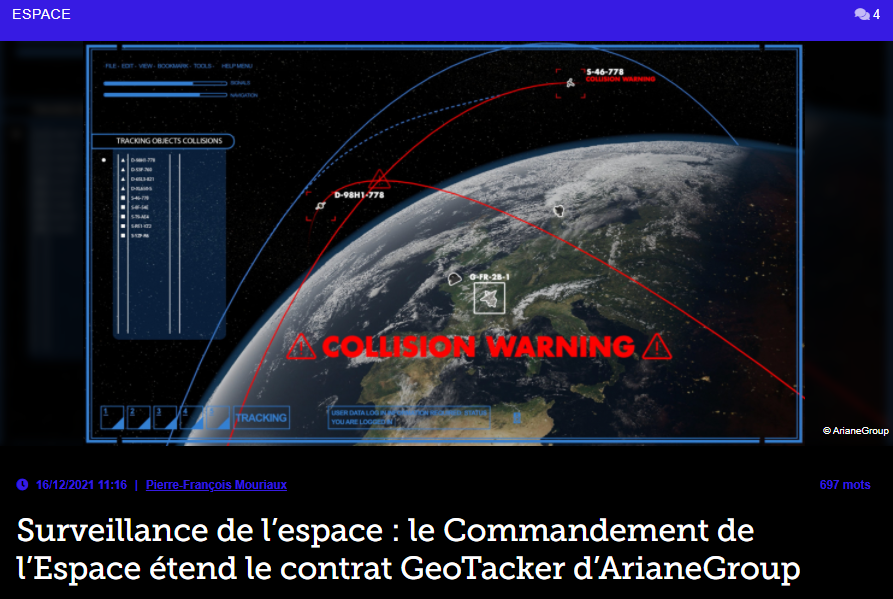 Surveillance de l’espace : le Commandement de l’Espace étend le contrat GeoTacker d’ArianeGroup