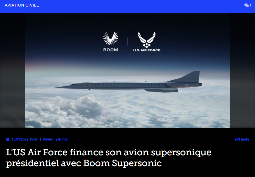 L’US Air Force finance son avion supersonique présidentiel avec Boom Supersonic