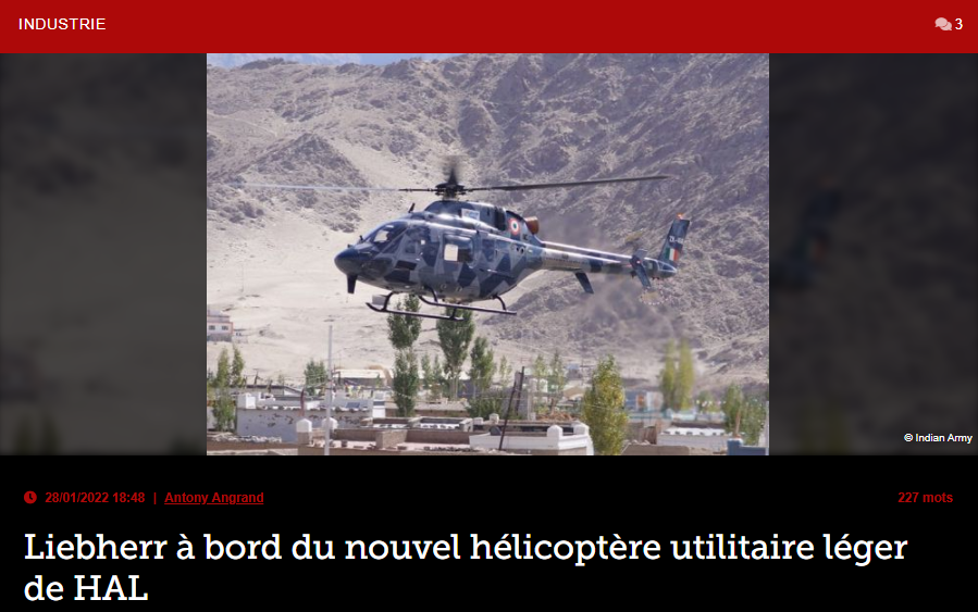 Liebherr à bord du nouvel hélicoptère utilitaire léger de HAL