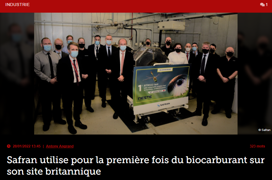 Safran utilise pour la première fois du biocarburant sur son site britannique