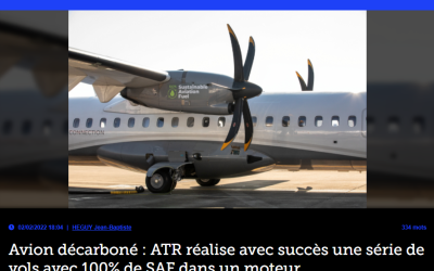 Avion décarboné : ATR réalise avec succès une série de vols avec 100% de SAF dans un moteur