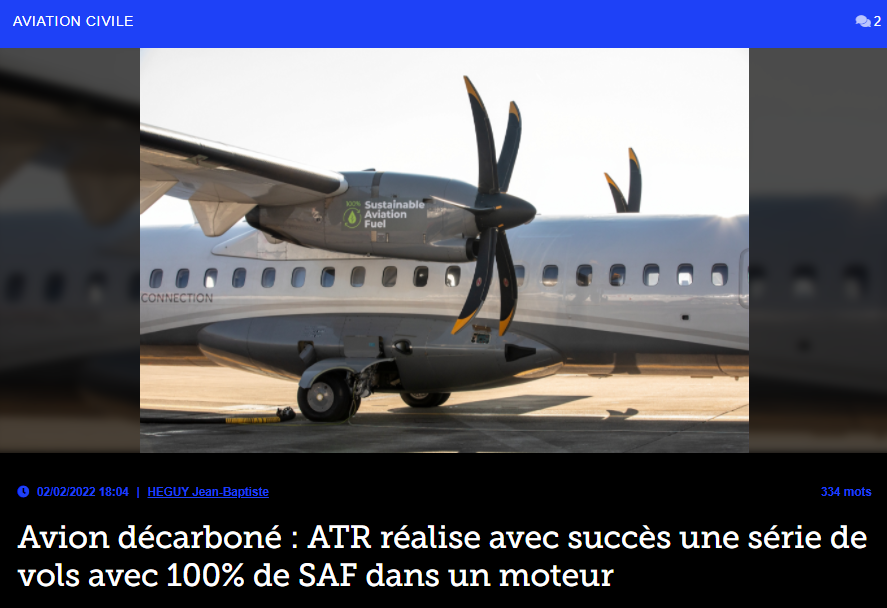 Avion décarboné : ATR réalise avec succès une série de vols avec 100% de SAF dans un moteur