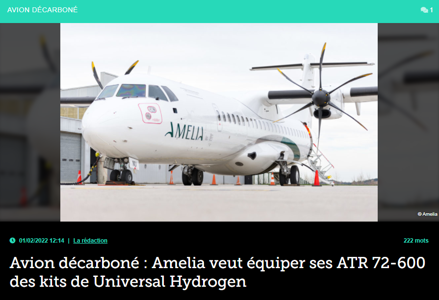 Avion décarboné : Amelia veut équiper ses ATR 72-600 des kits de Universal Hydrogen