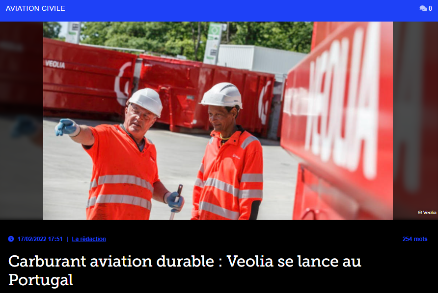 Carburant aviation durable : Veolia se lance au Portugal