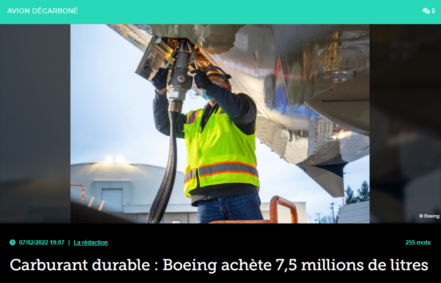 Carburant durable : Boeing achète 7,5 millions de litres