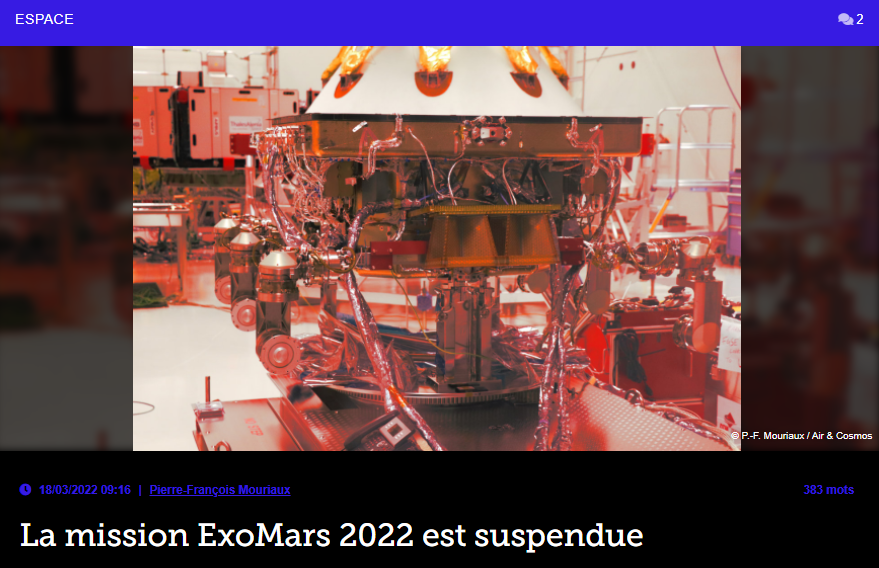 La mission ExoMars 2022 est suspendue