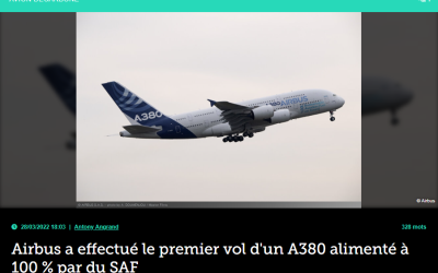 Airbus a effectué le premier vol d’un A380 alimenté à 100 % par du SAF