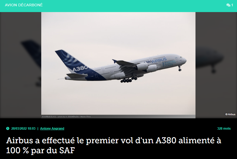 Airbus a effectué le premier vol d’un A380 alimenté à 100 % par du SAF