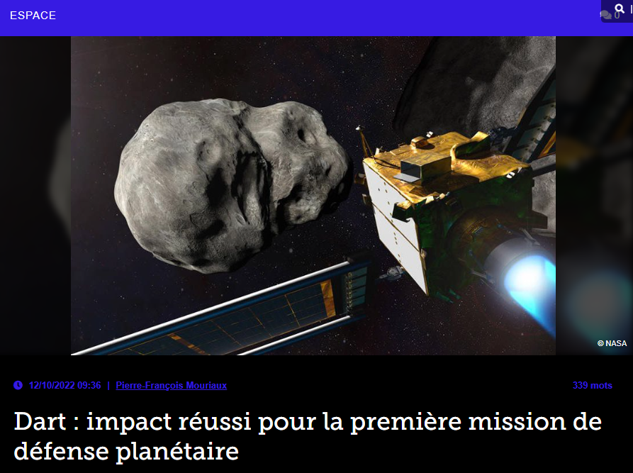 Dart : impact réussi pour la première mission de défense planétaire