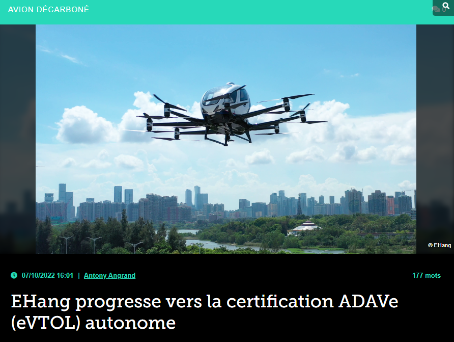 EHang progresse vers la certification ADAVe (eVTOL) autonome