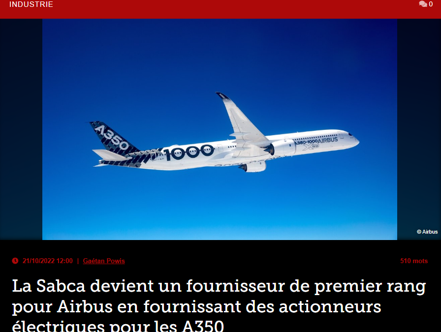 La Sabca devient un fournisseur de premier rang pour Airbus en fournissant des actionneurs électriques pour les A350