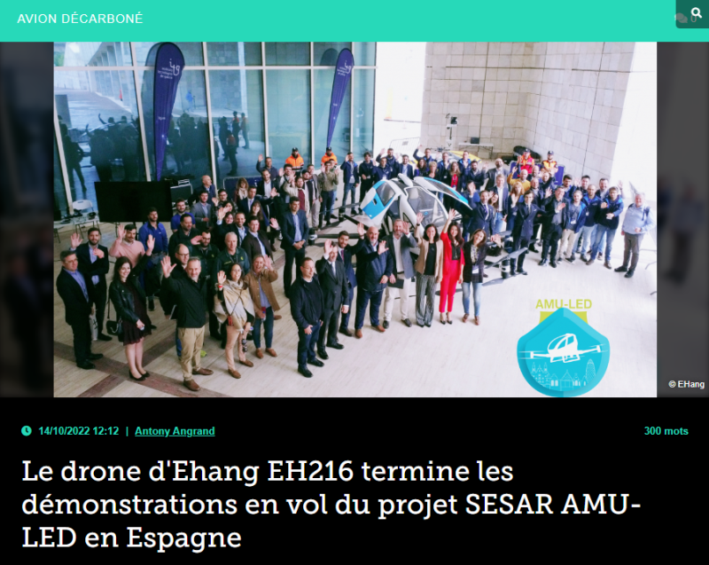 Le drone d’Ehang EH216 termine les démonstrations en vol du projet SESAR AMU-LED en Espagne