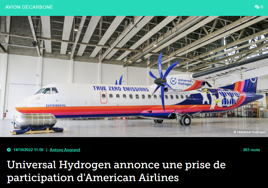 Universal Hydrogen annonce une prise de participation d’American Airlines