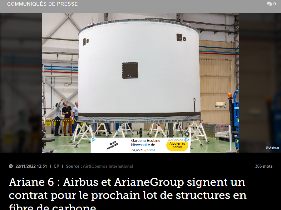 Ariane 6 : Airbus et ArianeGroup signent un contrat pour le prochain lot de structures en fibre de carbone