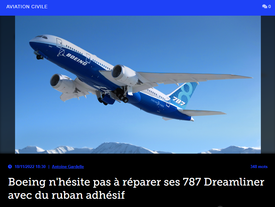 Boeing n’hésite pas à réparer ses 787 Dreamliner avec du ruban adhésif