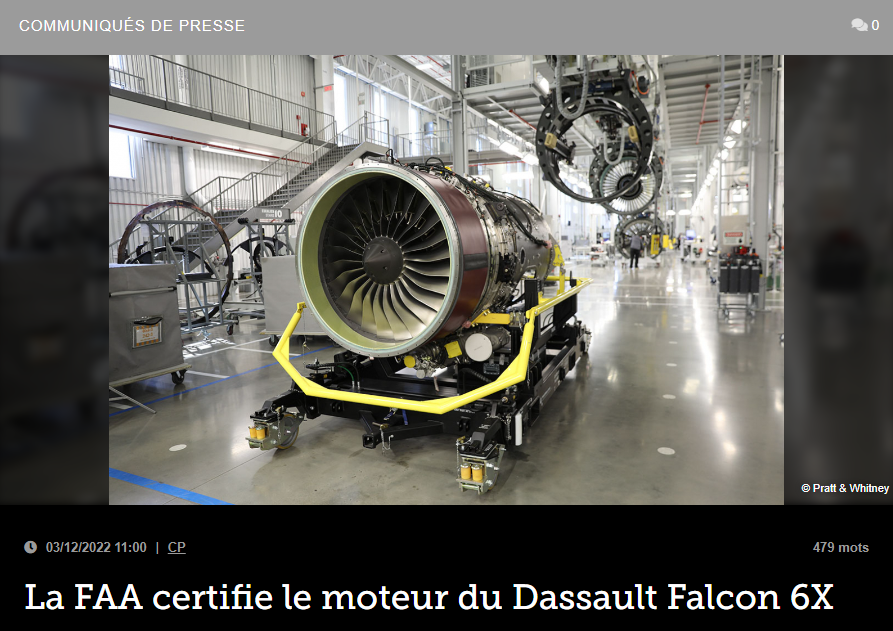 La FAA certifie le moteur du Dassault Falcon 6X