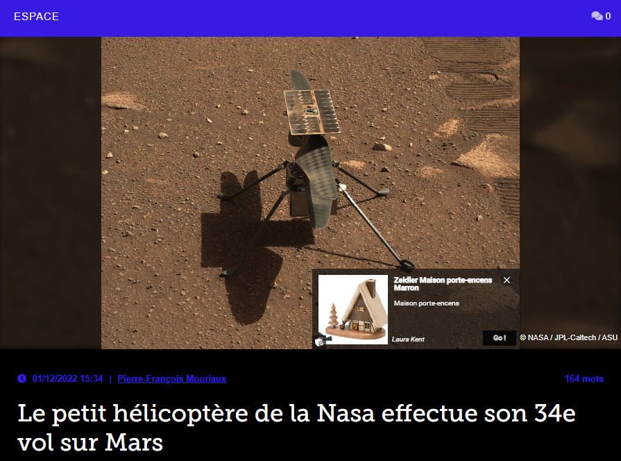 Le petit hélicoptère de la Nasa effectue son 34e vol sur Mars