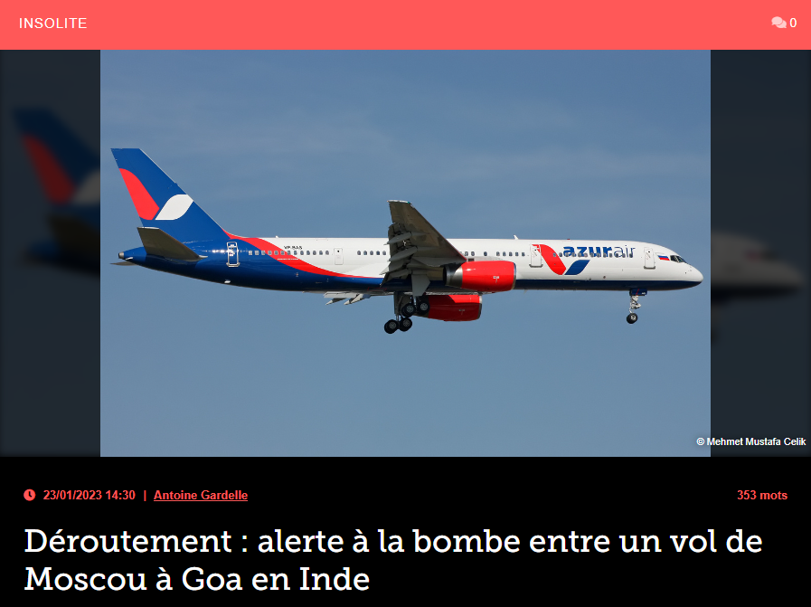 Déroutement : alerte à la bombe entre un vol de Moscou à Goa en Inde