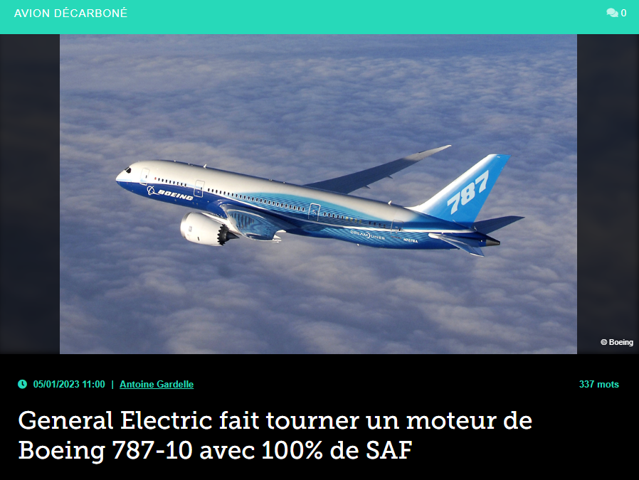 General Electric fait tourner un moteur de Boeing 787-10 avec 100% de SAF