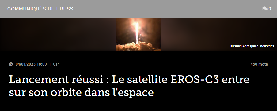 Lancement réussi : Le satellite EROS-C3 entre sur son orbite dans l’espace