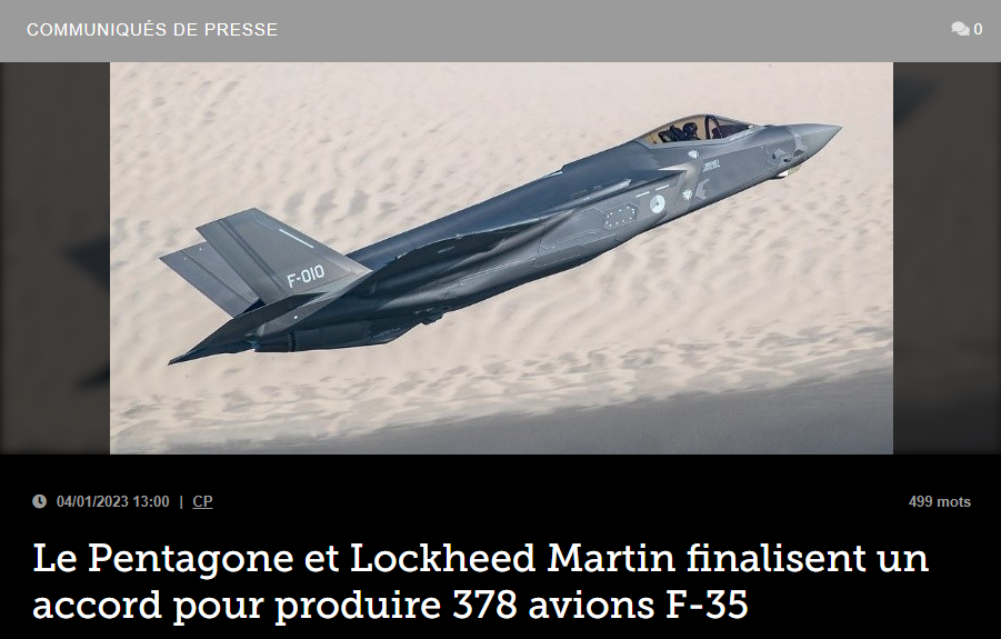 Le Pentagone et Lockheed Martin finalisent un accord pour produire 378 avions F-35