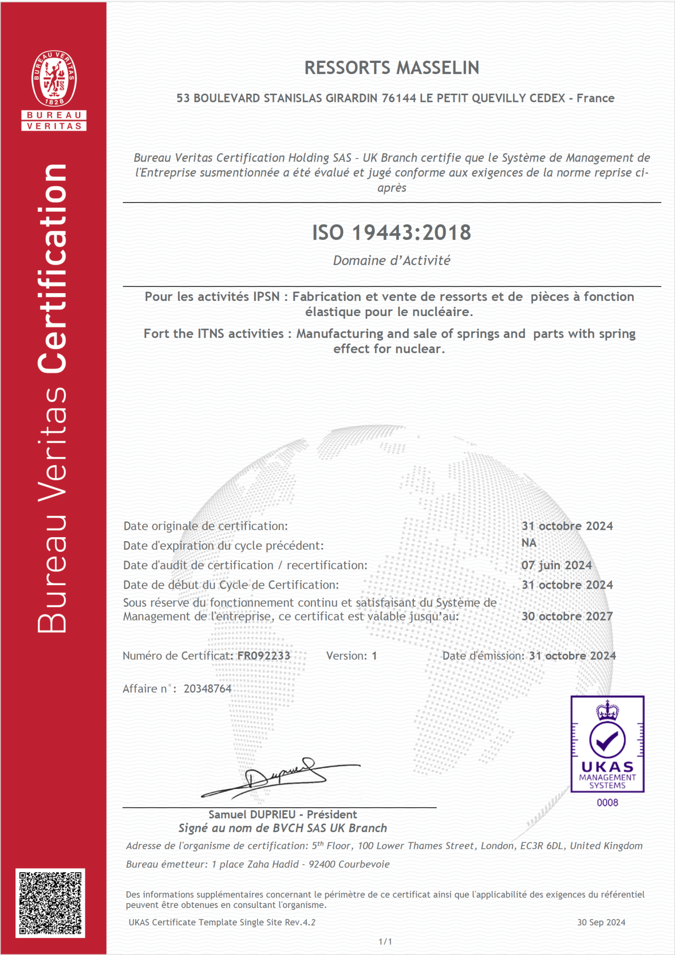 Ressorts Masselin obtient la certification ISO 19443 - Qualité et Sureté Nucléaire